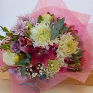 pastel pink puple and white flower bouquet babsi george delivery