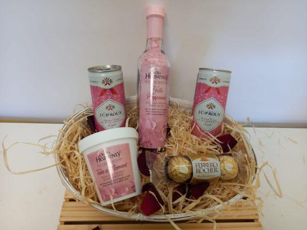 Pink happiness hamper body products sparkling wine ferrero rocher chocolates babsi delivery george