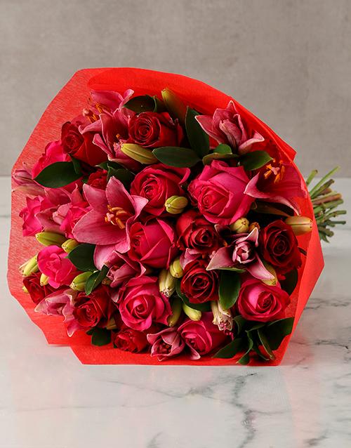 Red cerise rose pink lily bouquet valentines day delivery george