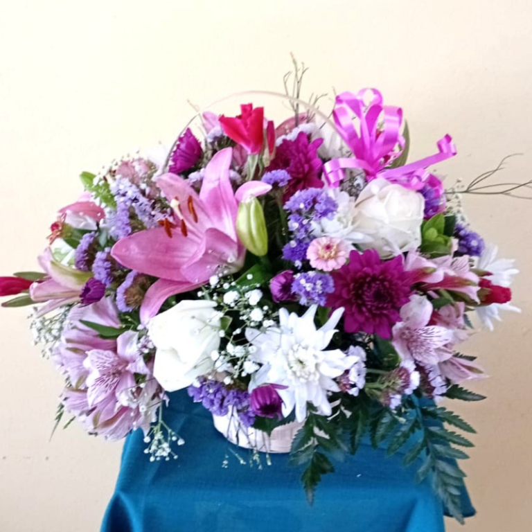 Florist Choice basket with pink, white and marron flowers